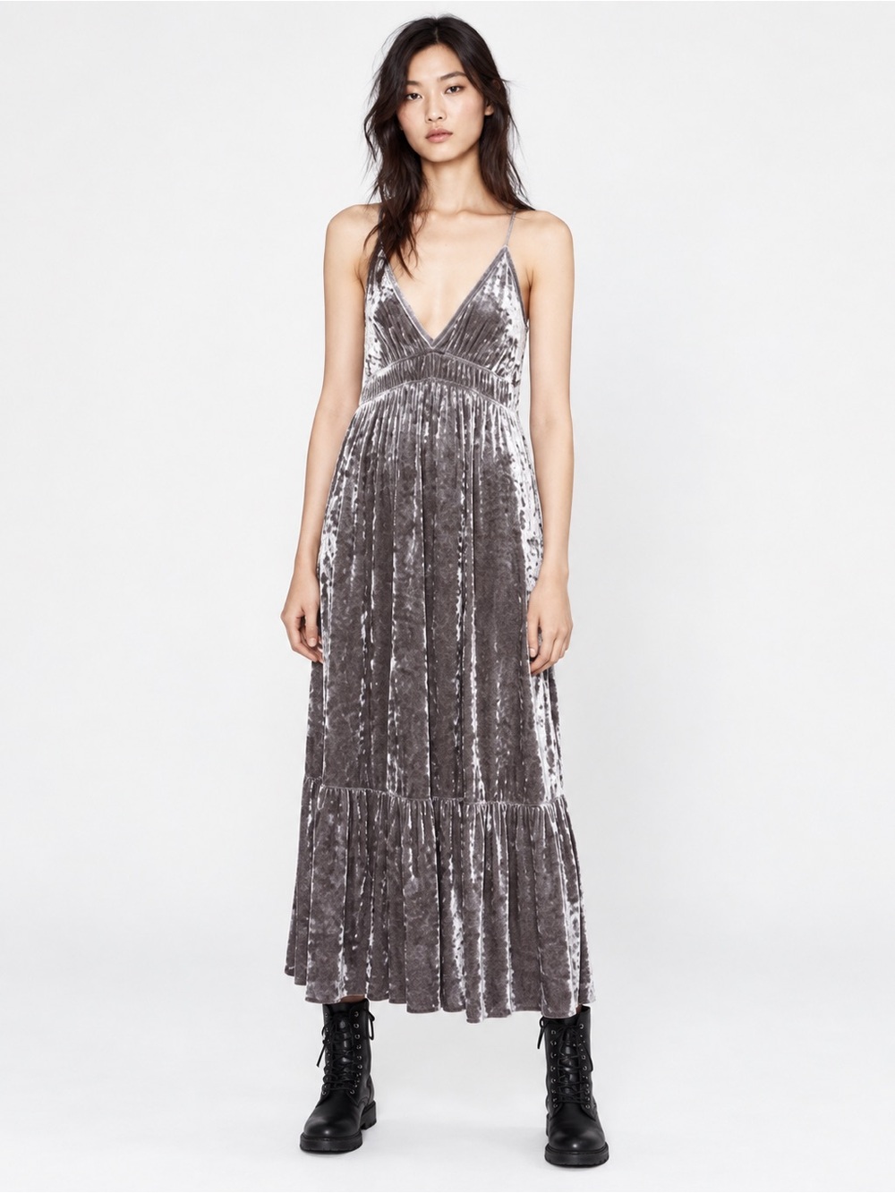 ✅ Zara Silver Crushed Velvet Maxi Dress deep v cut size S